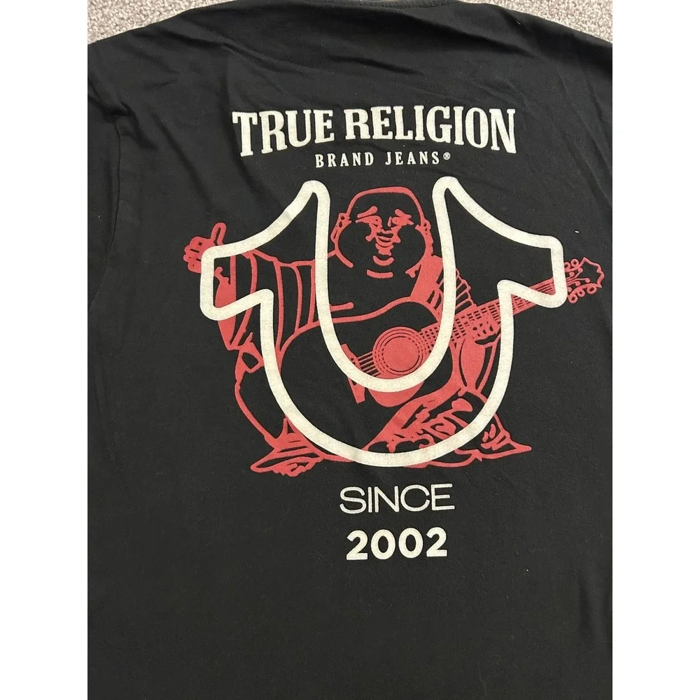 True Religion T-Shirt Mens Medium Black Excellent Buddha Graphic Since 2002 Logo